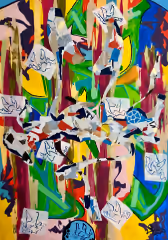 Painting 'Buzzing in the Light' by Julius-Hendrik Heims from the Ovni tuet Season, mixed media, 105×135 cm