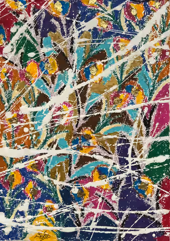 Julius-Hendrik Heims 的画作《La Ciudad》，出自 Flowers 系列，综合媒材，31×43 cm