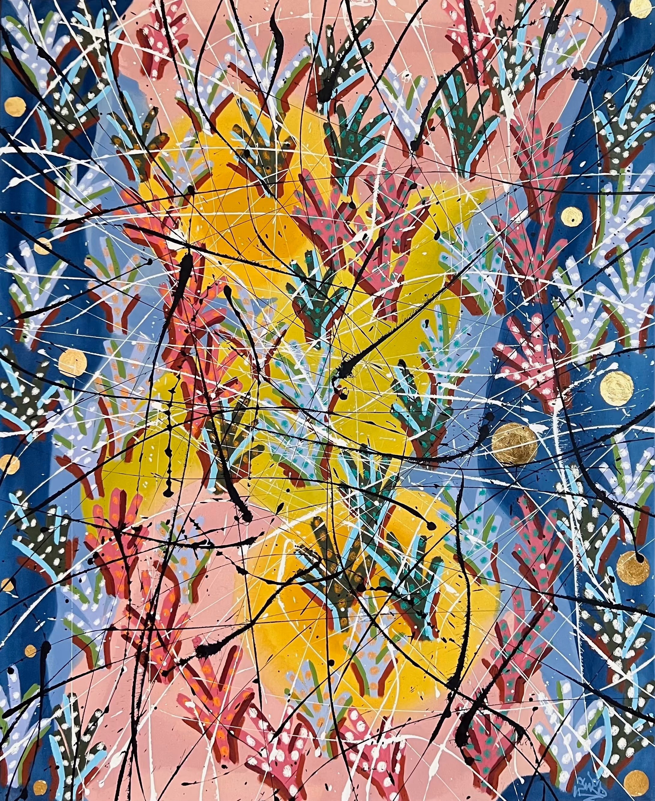 Painting 'The Cat Walk' by Julius-Hendrik Heims from the Flowers Season, mixed media, 115×140 cm